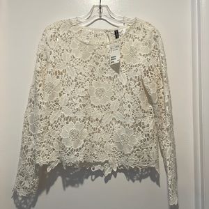 NWT H&M Divided Off-white Floral Lace Sheer long Sleeved Top Size 12